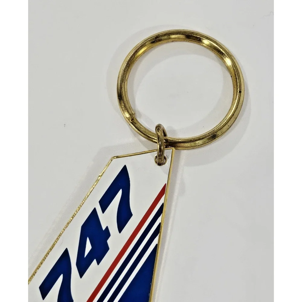 Vintage 747 Jet Airplane Tail Keychain Gold Tone Enamel Aviation Airline Pilot